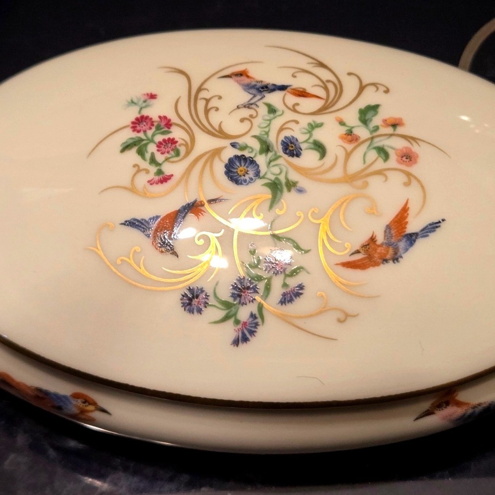 Limoges Trinket Bowl OvalSmall Cream Hand Painted Bird Floral Gold Scroll